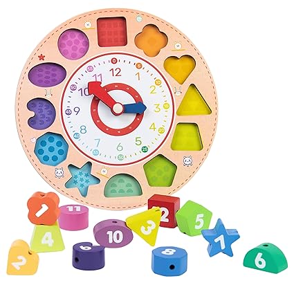 SKILLOFUN Wooden Learning Clock, Kids Educational Toy with Rotating Hands - Teaches Fine Motor Skills, Numbers, Colors & Time Concepts - Engaging, Safe Educational Tool for Early Learning | Skillofun