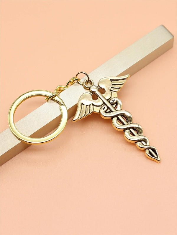 Med Acc-Key Ring-Snake & Wing Charm Keychain-Gold Med Acc-Key Ring-Snake & Wing Charm Keychain-Gold